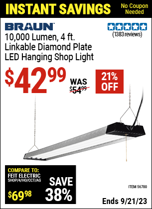 Buy the BRAUN 10,000 Lumen 4 ft. Linkable Diamond Plate LED Hanging Shop Light (Item 56780) for $42.99, valid through 9/21/2023.