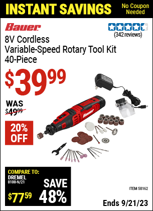 Buy the BAUER 8V Cordless Variable Speed Rotary Tool Kit (Item 58162) for $39.99, valid through 9/21/2023.