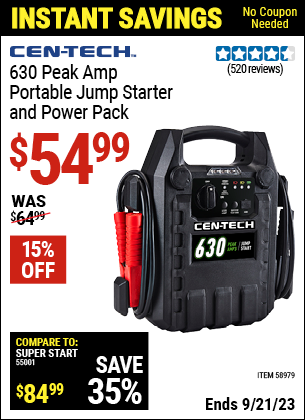 Buy the CEN-TECH 630 Peak Amp Portable Jump Starter and Power Pack (Item 58979) for $54.99, valid through 9/21/2023.