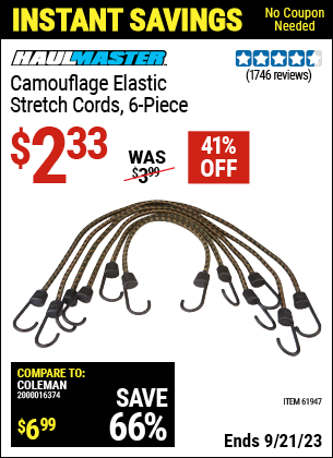 Buy the HAUL-MASTER Camouflage Elastic Stretch Cords 6 Pc. (Item 61947) for $2.33, valid through 9/21/2023.