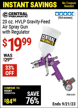 Buy the CENTRAL PNEUMATIC 20 oz. HVLP Gravity Feed Air Spray Gun with Regulator (Item 62381) for $19.99, valid through 9/21/2023.