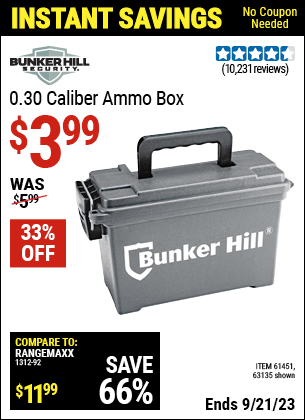 Buy the BUNKER HILL SECURITY 0.30 Caliber Ammo Box (Item 63135/61451) for $3.99, valid through 9/21/2023.