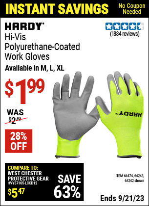 Buy the HARDY Touchscreen Hi-Vis Polyurethane Coated Work Gloves Large (Item 64242/64243/64474) for $1.99, valid through 9/21/2023.