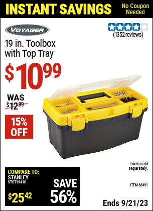 Buy the VOYAGER 19 In Toolbox with Top Tray (Item 66491) for $10.99, valid through 9/21/2023.