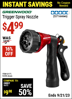Buy the GREENWOOD Trigger Spray Nozzle (Item 92398/62177) for $4.99, valid through 9/21/2023.