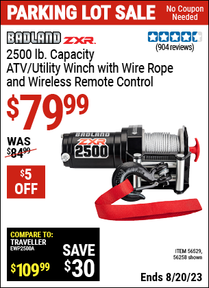 Buy the BADLAND 2500 lb. ATV/Utility Electric Winch With Wireless Remote Control (Item 56258/56529) for $79.99, valid through 8/20/2023.
