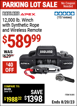 Buy the BADLAND APEX 12000 lb. Winch with Synthetic Rope and Wireless Remote (Item 56385) for $589.99, valid through 8/20/2023.