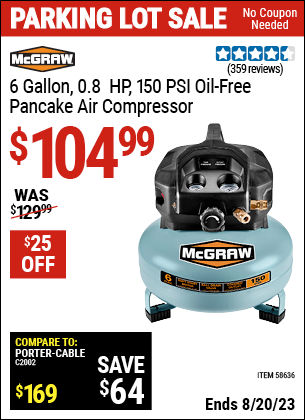 Buy the MCGRAW 6 gallon 0.8 HP 150 PSI Oil Free Pancake Air Compressor (Item 58636) for $104.99, valid through 8/20/2023.
