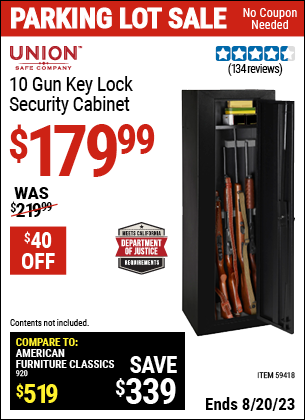 Buy the UNION SAFE COMPANY 10 Gun Key Lock Security Cabinet (Item 59418) for $179.99, valid through 8/20/2023.