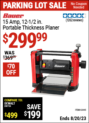 Buy the BAUER 15 Amp 12-1/2 in. Portable Thickness Planer (Item 63445) for $299.99, valid through 8/20/2023.