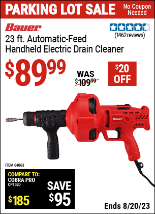 Buy the BAUER 23 ft. Auto-Feed Handheld Electric Drain Cleaner (Item 64063) for $89.99, valid through 8/20/2023.