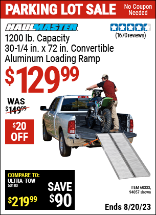 Buy the HAUL-MASTER 1200 lb. Capacity 30-1/4 in. x 72 in. Convertible Aluminum Loading Ramp (Item 94057/60333) for $129.99, valid through 8/20/2023.