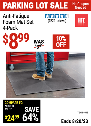 Buy the HFT Anti-Fatigue Foam Mat Set 4 Pc. (Item 94635) for $8.99, valid through 8/20/2023.