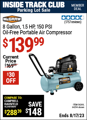 Inside Track Club members can buy the MCGRAW 8 gallon 1.5 HP 150 PSI Oil-Free Portable Air Compressor (Item 64294/56269) for $139.99, valid through 8/17/2023.
