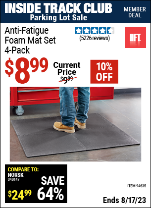 Inside Track Club members can buy the HFT Anti-Fatigue Foam Mat Set 4 Pc. (Item 94635) for $8.99, valid through 8/17/2023.