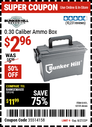Buy the BUNKER HILL SECURITY 0.30 Caliber Ammo Box (Item 63135/61451) for $2.96, valid through 8/27/2023.