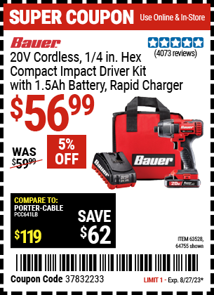 Buy the BAUER 20V Cordless, 1/4 in. Hex Compact Impact Driver Kit with 1.5 Ah Battery, Rapid Charger, and Bag (Item 64755/63528) for $56.99, valid through 8/27/2023.