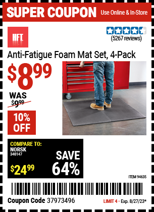 Buy the HFT Anti-Fatigue Foam Mat Set 4 Pc. (Item 94635) for $8.99, valid through 8/27/2023.