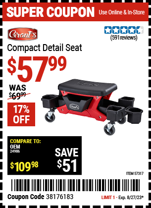 Buy the GRANT'S Compact Detail Seat (Item 57317) for $57.99, valid through 8/27/2023.