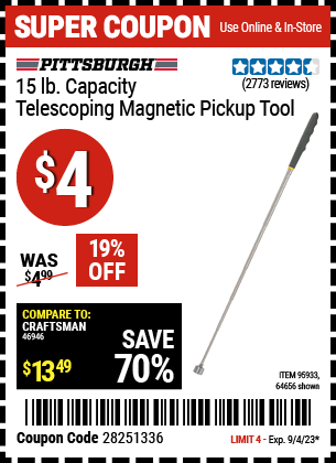 Buy the PITTSBURGH AUTOMOTIVE 15 Lbs. Capacity Telescoping Magnetic Pickup Tool (Item 64656/95933) for $4, valid through 9/4/2023.