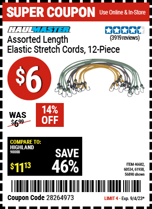 Buy the HAUL-MASTER Assorted Length Elastic Stretch Cords 12 Pc. (Item 56890/46682/60534/61938) for $6, valid through 9/4/2023.