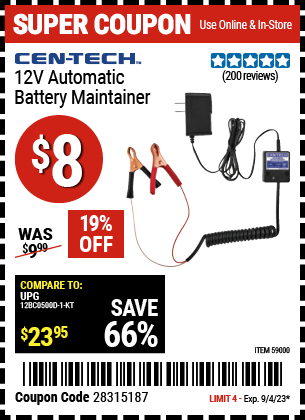 Buy the CEN-TECH 12V Automatic Battery Maintainer (Item 59000) for $8, valid through 9/4/2023.