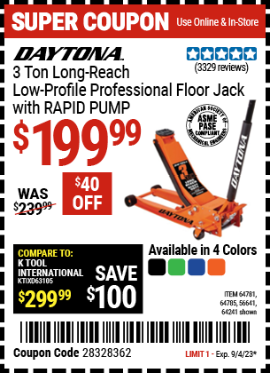Buy the DAYTONA 3 Ton Long-Reach Low-Profile Professional Floor Jack with RAPID PUMP (Item 56641/64241/64781/64785) for $199.99, valid through 9/4/2023.