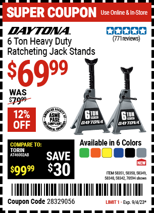 Buy the DAYTONA 6 Ton Heavy Duty Ratcheting Jack Stands, Black (Item 58342/58348/58349/58350/58351/70594) for $69.99, valid through 9/4/2023.