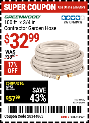 Buy the GREENWOOD 100 ft. x 3/4 in. Contractor Garden Hose (Item 63336/61770) for $32.99, valid through 9/4/2023.