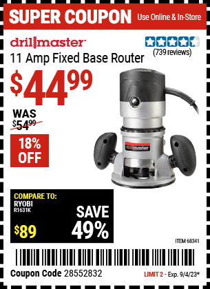 Buy the DRILL MASTER 2 HP Fixed Base Router (Item 68341) for $44.99, valid through 9/4/2023.