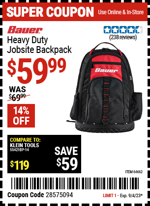 Buy the BAUER Heavy Duty Jobsite Backpack (Item 64662) for $59.99, valid through 9/4/2023.