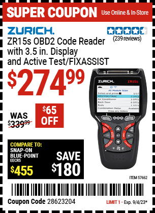 Buy the ZURICH ZR15S OBD2 Code Reader with 3.5 in. Display and Active Test/FixAssist (Item 57662) for $274.99, valid through 9/4/2023.