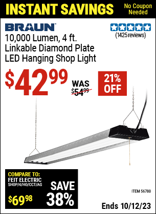 Buy the BRAUN 10,000 Lumen 4 ft. Linkable Diamond Plate LED Hanging Shop Light (Item 56780) for $42.99, valid through 10/12/2023.