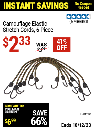 Buy the HAUL-MASTER Camouflage Elastic Stretch Cords 6 Pc. (Item 61947) for $2.33, valid through 10/12/2023.