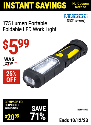Buy the BRAUN Portable Folding LED Work Light (Item 63930) for $5.99, valid through 10/12/2023.