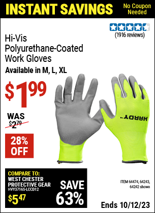 Buy the HARDY Touchscreen Hi-Vis Polyurethane Coated Work Gloves (Item 64242/64243/64474) for $1.99, valid through 10/12/2023.