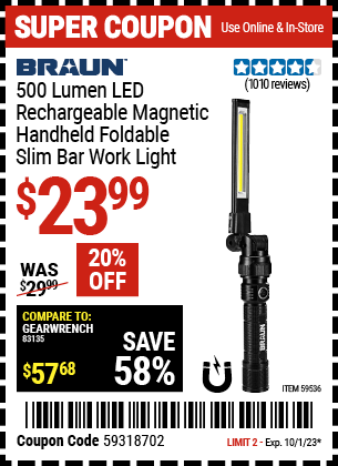 Buy the BRAUN 500 Lumen LED Rechargeable Magnetic Handheld Foldable Slim Bar Work Light (Item 59536) for $23.99, valid through 10/1/2023.