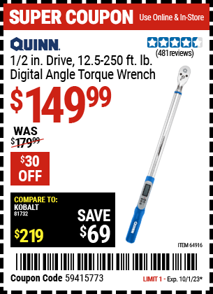 Buy the QUINN 1/2 in. Drive, 12.5-250 ft. lb. Digital Angle Torque Wrench (Item 64916) for $149.99, valid through 10/1/2023.