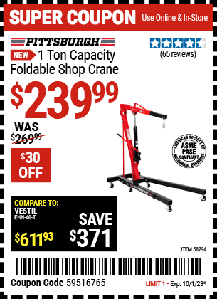 Buy the PITTSBURGH 1 Ton Capacity Foldable Shop Crane (Item 58794) for $239.99, valid through 10/1/2023.