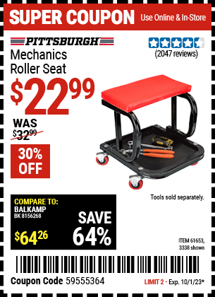 Buy the PITTSBURGH AUTOMOTIVE Mechanic's Roller Seat (Item 03338/61653) for $22.99, valid through 10/1/2023.