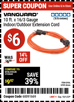 Buy the VANGUARD 10 ft. x 16/3 Gauge Indoor/Outdoor Extension Cord (Item 62935/62936) for $6, valid through 10/1/2023.