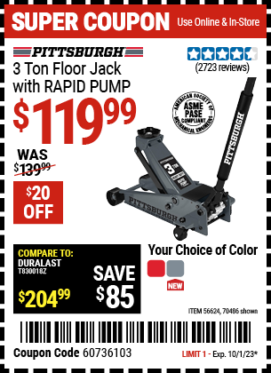 Buy the PITTSBURGH AUTOMOTIVE 2 Ton Aluminum Racing Floor Jack with RAPID PUMP (Item 56624/56621/56622/70486) for $119.99, valid through 10/1/2023.