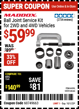 Buy the MADDOX Ball Joint Service Kit for 2WD and 4WD Vehicles (Item 63610/64399) for $59.99, valid through 10/1/2023.