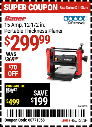 Buy the BAUER 15 Amp, 12-1/2 in. Portable Thickness Planer (Item 63445) for $299.99, valid through 10/1/2023.