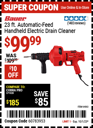 Buy the BAUER 23 ft. Auto-Feed Handheld Electric Drain Cleaner (Item 64063) for $99.99, valid through 10/1/2023.
