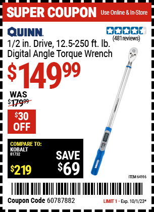 Buy the QUINN 1/2 in. Drive, 12.5-250 ft. lb. Digital Angle Torque Wrench (Item 64916) for $149.99, valid through 10/1/2023.