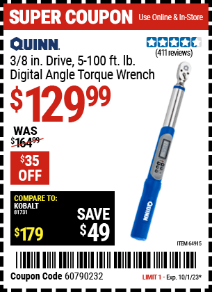 Buy the QUINN 3/8 in. Drive, 5-100 ft. lb. Digital Angle Torque Wrench (Item 64915) for $129.99, valid through 10/1/2023.