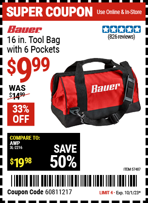 Buy the BAUER 16 in. Tool Bag With 6 Pockets (Item 57487) for $9.99, valid through 10/1/2023.