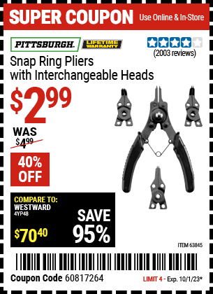 Buy the PITTSBURGH Snap Ring Pliers with Interchangeable Heads (Item 63845) for $2.99, valid through 10/1/2023.