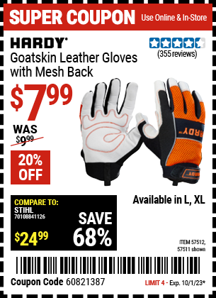 Buy the HARDY Goatskin Leather Gloves with Mesh Back (Item 57511/57512) for $7.99, valid through 10/1/2023.